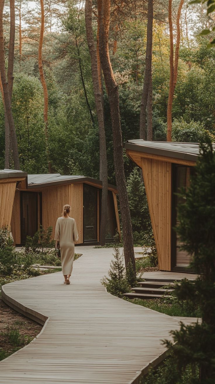 Casa de madera rodeada de bosque, con sendero de acceso