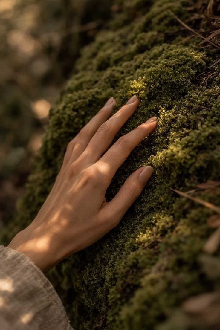Mano sobre musgo, en contacto con la naturaleza